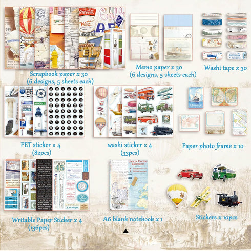 ABARWER 300 PCS Travel Vintage Scrapbooking Supplies Kit, Bullet Junk Journal Kit with Washi Tape Aesthetic Scrapbook Paper,Scrapbook Embellishmen...