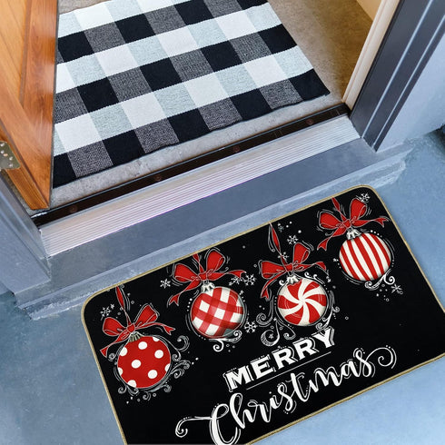 Merry Christmas Door Mat Black Red Christmas Ball Front Door Mat with Anti-Slip Rubber Back Xmas Holiday Indoor Outdoor Carpet for Home Office Kit...