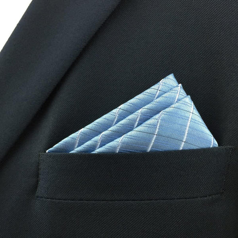 S&W SHLAX&WING Large Mens Pocket Square Blue Azure Checkered for Suit Silk...