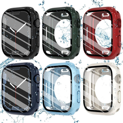 FULLIFE 6-Pack Waterproof Case for Apple Watch Series 6/5/4/SE with Tempered Glass Screen Protector, iWatch Full Protective Hard PC Bumper Case wi...