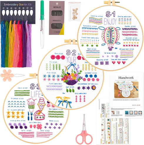 JSRQT 3 Sets Embroidery Kit for Adults Beginners,Needlepoint Craft Kits for Adults,Hand Embroidery Practice Kit for Adults,Learn 33 Different Stit...
