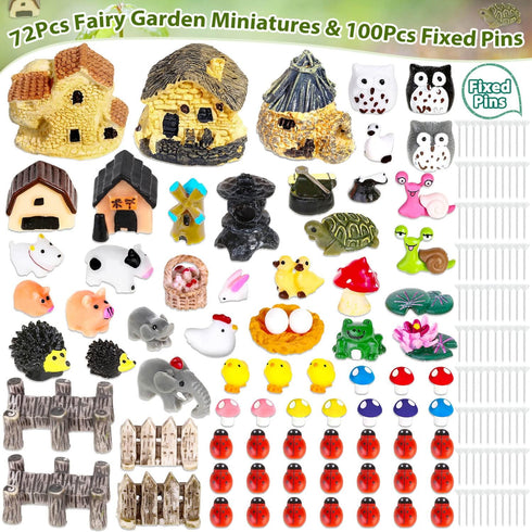 172Pcs Miniature Fairy Garden Accessories including 100Pcs Fixed Pins, modacraft Fairy Garden Kit Fairy House Animal Figurines Mini Landscape for ...