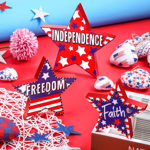 3 PCS 4th of July Table Decorations - Fourth of July Red White Blue Wooden Star Decor & Memorial Day Centerpieces Patriotic Labor Day Gifts Signs ...