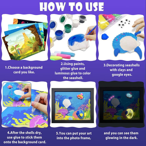 58 PCS Kids Arts & Crafts Painting Gifts for Boys Girls - Sea Shell Glow in the Dark Painting Kit 16 Real Shell Creative Activity DIY Craft Kits T...