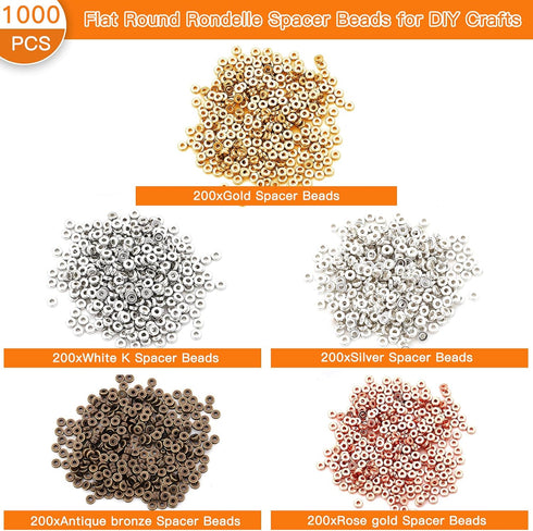 1000Pcs Flat Round Rondelle Spacer Beads for DIY Crafts, 5 Colors Disc Beads for DIY Jewelry Making, Bracelet, Necklace, Earring Crafts...