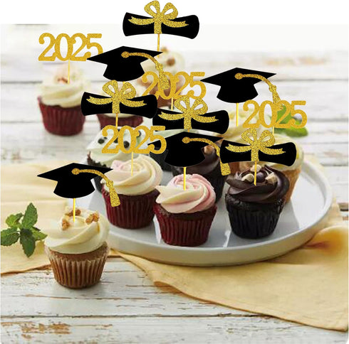 2025 Graduation Cupcake Toppers, 48 PCS Food/Appetizer Picks For Graduation Party Mini Cake Decorations, Diploma, 2025, Grad Cap Set 48 Pieces (01...