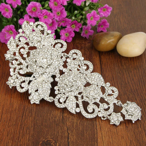 EVER FAITH Bridal 6 Inch Silver-Tone Flower Austrian Crystal Leaf Vine Brooch Clear...