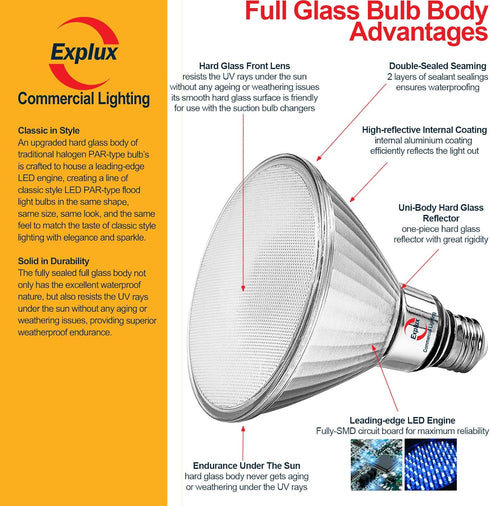 Explux 250 Watt Equivalent PAR38 LED Flood Light Bulbs, Super Bright 3300 Lumens, Dimmable, Full-glass Outdoor Waterproof & Anti-Ageing, 5000K Day...
