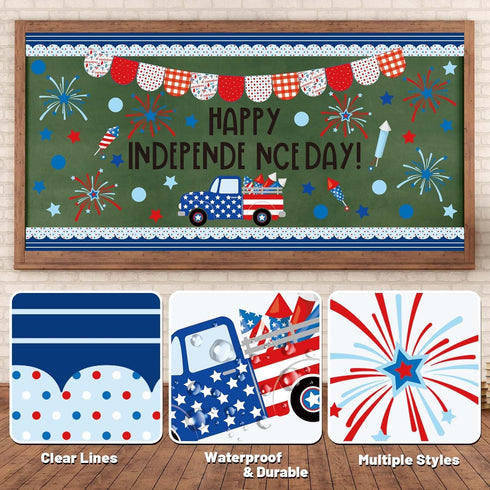 JarThenaAMCS 74Pcs Happy Independence Day Bulletin Board Kit Patriotic Red Blue Star Truck Fireworks Paper Cutouts with 100Pcs Glue Points 4th of ...