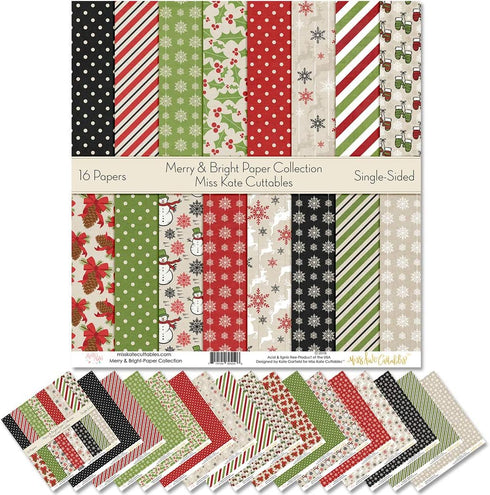 Pattern Paper Pack - Merry and Bright - Scrapbook Premium Specialty Paper Single-Sided 12"x12" Collection Includes 16 Sheets - by Miss Kate Cuttab...