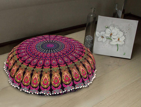 32" Purple Mandala Floor Pillow Cushion Seating Throw Cover Hippie Decorative Bohemian Ottoman Poufs, Pom Pom Pillow Cases,Boho Indian...