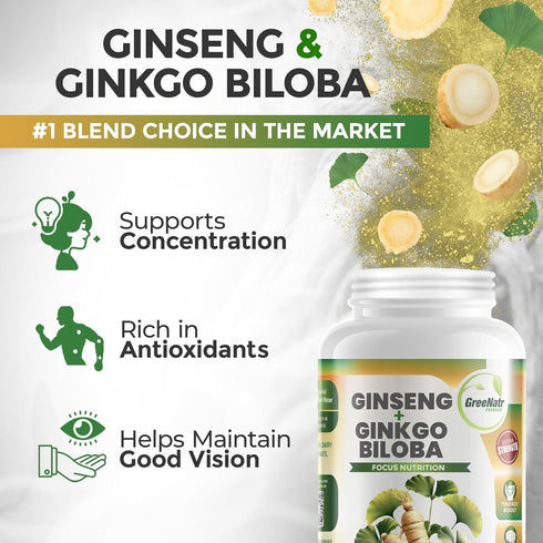 Ginko Biloba & Panax Ginseng Supplement - Red Ginseng Brain Supplement for Memory and Focus - Ginkgo Biloba Supplements for Good Vision, Immune Sy...