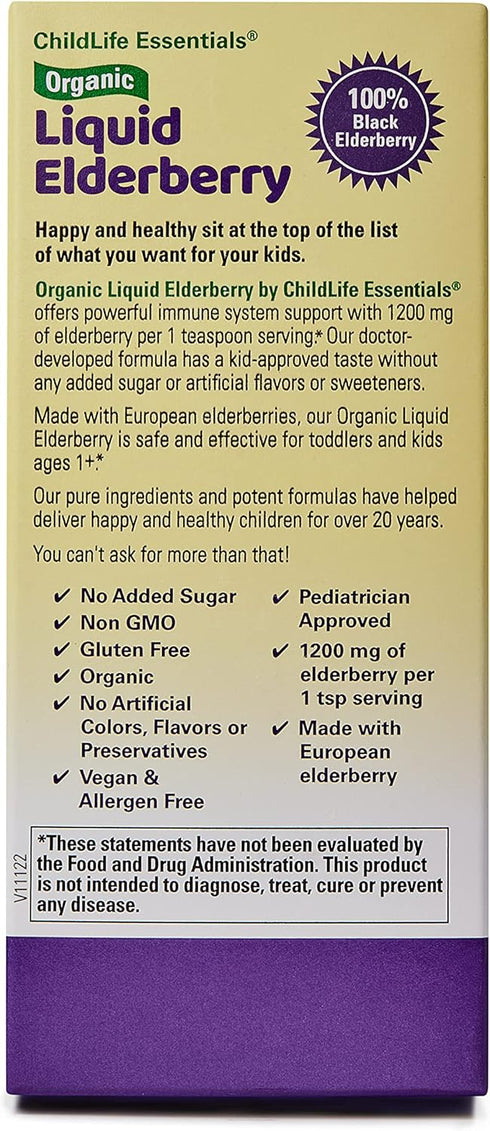CHILDLIFE Essentials Organic Liquid Elderberry - Elderberry Syrup for Kids Immune Support, Non-GMO, USDA Organic, Black Elderberry for Kids 1 Year...