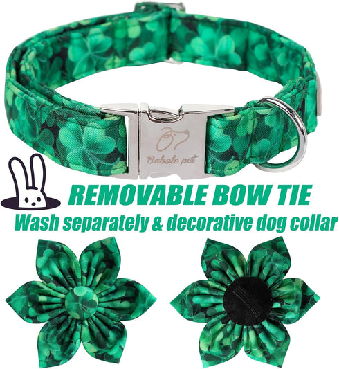 St.Patrick's Day Clover Dog Collars with Flower Tie,Green Abstract Clover Soft Cotton with Safety Metal Buckle Adjustable Puppy Collars for Small ...