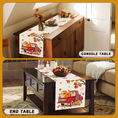 Bonsai Tree Fall Table Runner, Fall Runner for Table 13 x 72 Inch, Autumn Pumpkin Red Truck Runners for Home Kitchen Dining Decoration...