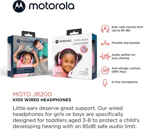Motorola Moto JR200 Kids Headphones with Microphone - Lightweight Over Ear Wired Foldable Design, Safe Volume Limit 85dB, Audio Splitter for Shari...