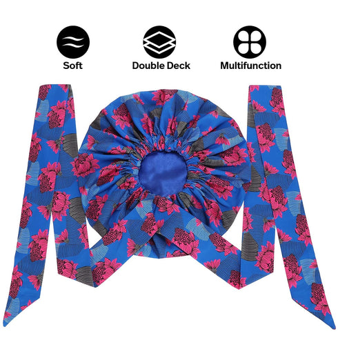 Satin Bonnet for Women, Silk Bonnet for Curly Hair Bonnet for Black Women Satin Hair Ankara African Print Head Scarf Head Wrap (Blue)...