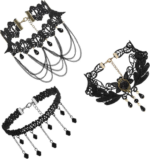 Black Elegant Fabric Handmade Lace Choker Necklaces Jewelry Set Neckband for Women, Womens Neck Chain Collar for Halloween-3Pack...