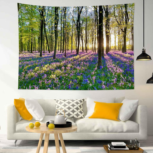 HVEST Forest Sunshine Tapestry Wall Hanging Spring Purple Lavender Morning Sunlight Through Green Trees Tapestry Nature Landscape Tapestry for Liv...