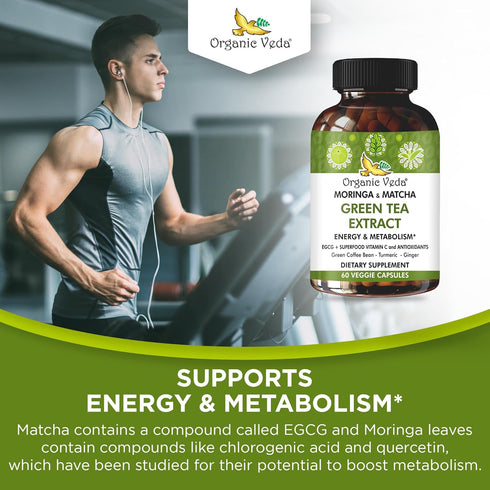 Organic Veda Moringa & Matcha Green Tea Extract Supplement with ECGC, Vitamin C & Antioxidant - Energy Boost & Metabolism Support Moringa Capsules...