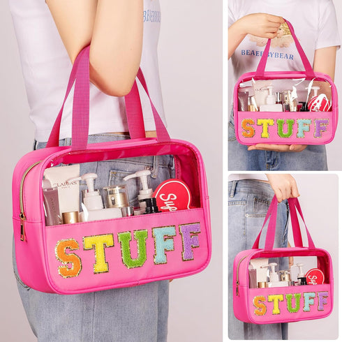 Chenille Letter Patch Clear Makeup Bag, Preppy Nylon Makeup Bag with Handle and Zipper, Waterproof Large Clear Travel Toiletry Bag Storage Bag for...