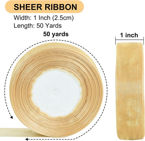 TONIFUL 1 Inch-50yds Beige Sheer Chiffon Ribbons, Organza Ribbon for Wedding,Christmas,Valentine's Décor,Gift Wrapping, Bows Making, Floral Bouque...