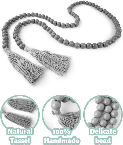 Wooden Beads Garland with Tassels, 61 Inch Grey Wood Bead Garland, Modern Farmhouse Decor, Boho Home Decor Clearance...
