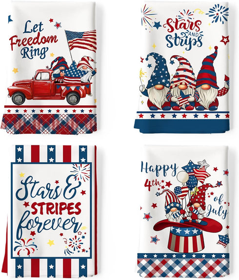 4th of July Patriotic Kitchen Towel 100% Cotton Independence Day Gnome Quick Dry Stars and Stripes Flag Tea Towels 20×27.5inch, Dishcloth for Dini...