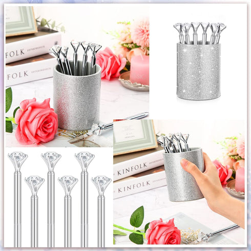 Pen Holder with 6 Pcs Bling Diamond Pens, Pencil Cups for Desk Glitter Bling Desk Organizer Makeup Brush Holder for Women Girls Classroom Offices ...