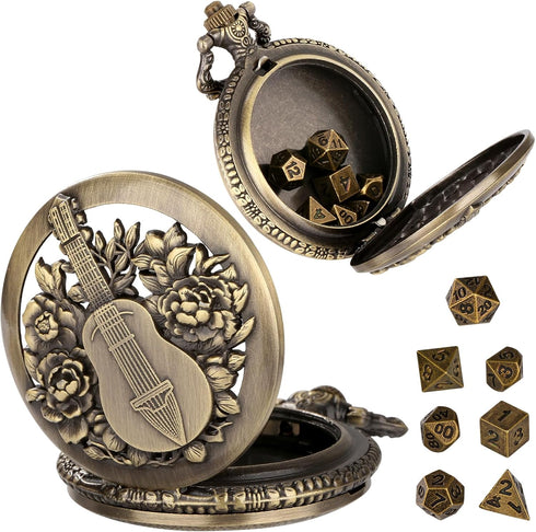 Mini DND Dice Set Steampunk Hollow Bard Pocket Watch Shell Case, 7pcs Tiny Polyhedral Metal D&D Dice Set, Dungeons and Dragons Gifts with Gift Box...