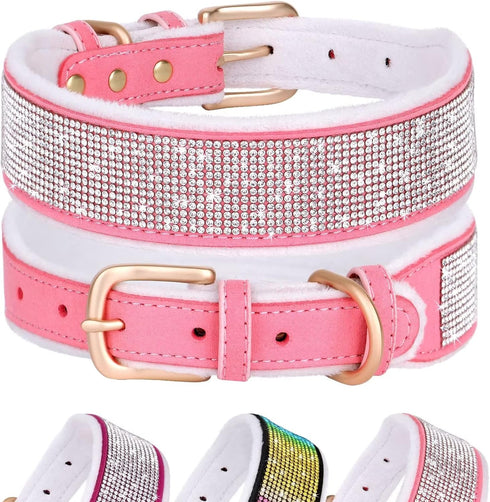 Didog Rhinestone Dog Collar with Soft Lining, Sparkling Crystal Diamond Girl Dog Collars with Soft Warm Pad for Medium Large Dogs, Pink, M...