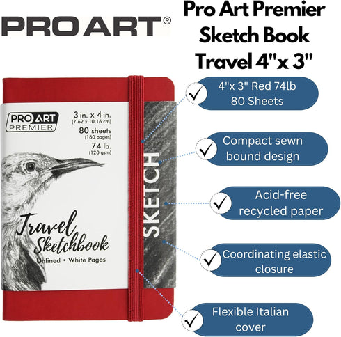 Pro Art Premier Sketch Book Travel 4"x 3" White 74lb Red 80 Sheets, Sketch Book, Sketchbook, Drawing Pad, Sketch Pad, Drawing Paper, Art Book, Dra...
