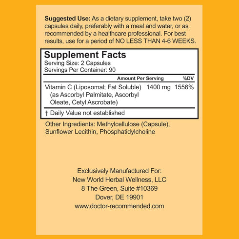 Liposomal Vitamin C 1400mg Per Serving - 180 Veggie Capsules High Absorption Ascorbic Acid, Lypo-Spheric Vitamin C Complex Immune Support Suppleme...