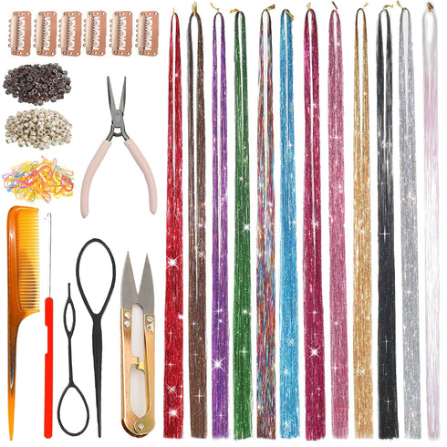 Hair Tinsel Kit With Tools 12 Colors Tinsel Hair Fairy Hair Heat Resistant Glitter Hair Sparkling Shiny Hair Tensile for Girls Kids...