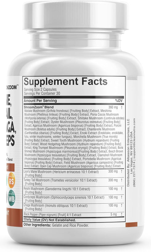 Clean Nutraceuticals Lions Mane 3000mg 20in1 Mushroom Supplement with Turkey Tail 2000mg Reishi 1000mg Cordyceps Chaga 1000mg Maitake Meshima Pori...