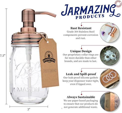 Jarmazing Products Mason Jar Soap Dispenser - Copper - with 16 Ounce Ball Mason Jar - Made from Rust Proof Stainless Steel...