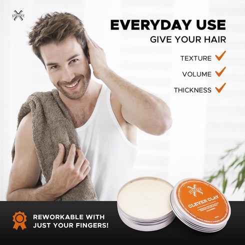 Clever Clay - Natural Finish Styling Hair Clay for Men - All Hair Types - Reworkable All Day Hold- Cruelty Free- Paraben & Sulphate Free, 3.4 oz...