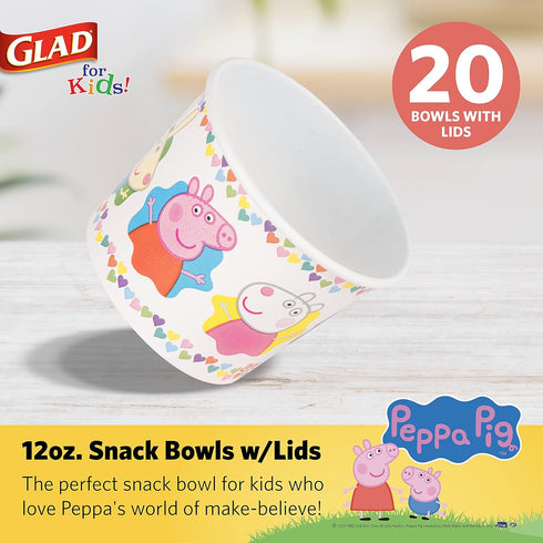 Glad for Kids 12 oz Peppa Pig Friends Paper Snack Bowls with Lids, 20 Ct | Peppa Pig Disposable Paper Bowls with Lid | Kids Snack Bowls for Everyd...