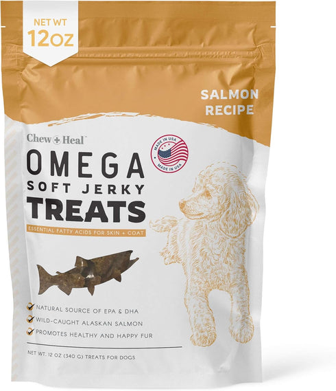 Chew + Heal Labs Omega Salmon Jerky Dog Treats - 12 oz of Soft Salmon Jerky for Skin and Coat - Made with Wild Alaskan Salmon, Flaxseed, Oat Flour...