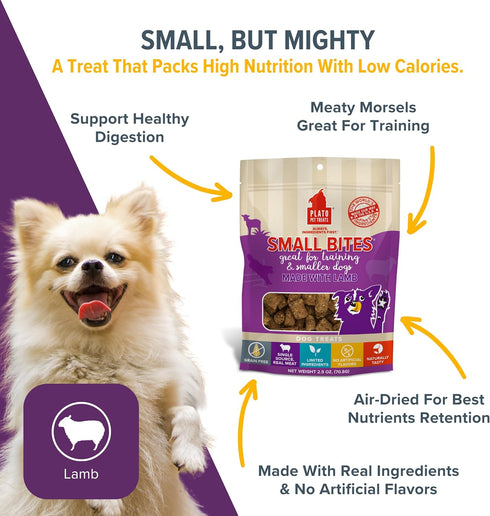 PLATO Pet Treats Air Dried Small Bites Dog Treats, Natural Bite Sized Real Meat & Lamb, Grain Free & High Protein, Made in The USA, 2.5oz...