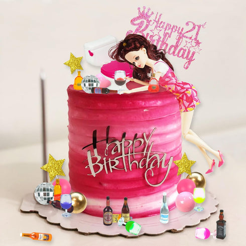 Mini Wine Bottles Cake Toppers With 12 Mini Wine Bottles 5 Mini Wine Glasses 1 Toilet Toy 1 Beauty Doll 21st Birthday Cake Topper for Celebrating ...