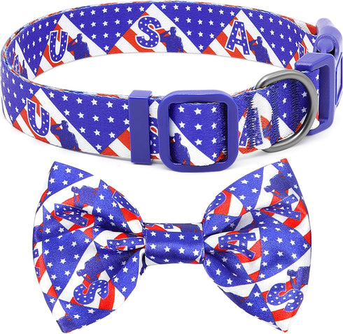BiPawTi American Flag Dog Collar with Bowtie, 4th of July Dog Collar Holiday Pet Gift, Blue Pride Patriotic Dog Collar, USA Dog Collar for Indepen...