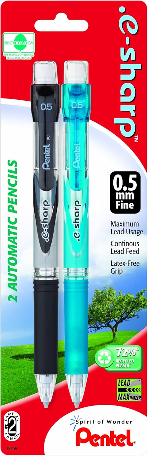 Pentel .e-sharp Automatic Pencil, 0.5mm, Assorted Barrels, 2 Pack (AZ125BP2M-K6)...