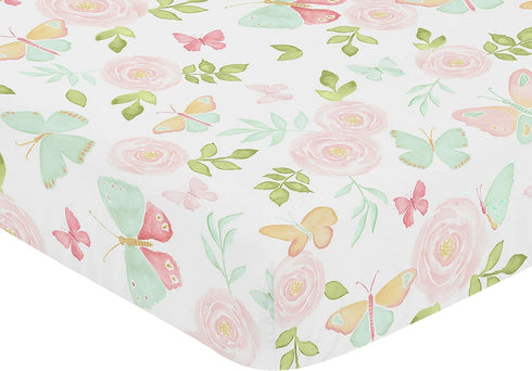 Sweet Jojo Designs Blush Pink, Mint and White Watercolor Rose Baby or Toddler Fitted Crib Sheet for Butterfly Floral Collection...