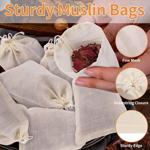 40 Pcs Empty Spice Bags for Cooking Soup, Reusable Tea Bags for Loose Tea, 4x6 In Natural Muslin Drawstring Bag, Small Cheese Cloth Cotton Bag for...