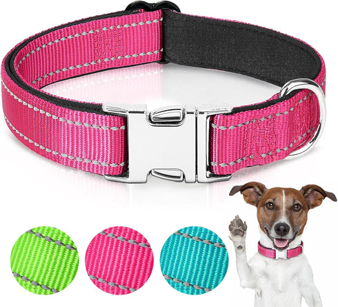 Reflective Dog Collar,Soft Neoprene Padded Breathable Nylon Pet Collar Adjustable for Small Medium Large Dogs (L(21-27" Neck), Pink)...