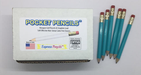 Express Pencils Half Pencils with Eraser - Golf, Classroom, Pew, Short Mini Non Toxic - Hexagon, Sharpened, 2 Pencil, (Color - Light Turquoise), (...