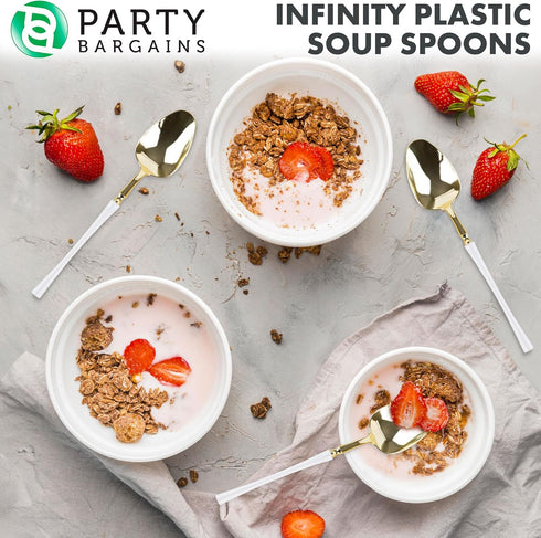 Party Bargains Disposable Plastic White Gold Soup Spoons, Infinity Modern Design Utensils, 20 Pack...