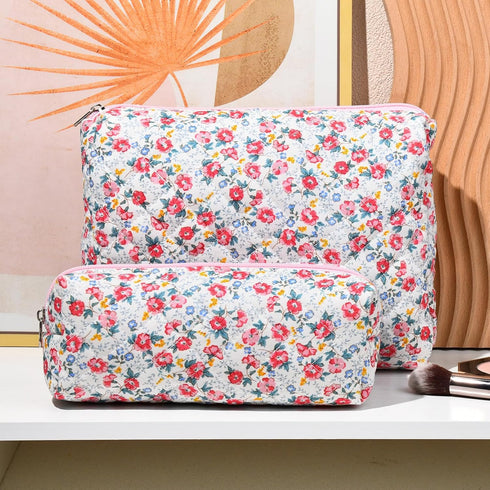 2 Pcs Quilted Makeup Bag Floral Cosmetic Bag Cotton Large Travel Coquette Toiletry Puffer Bag Aesthetic Cute Glossier Makeup Bag for Women Girls...