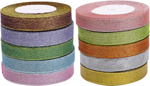 10 Rolls 3/5 Inch Width Metallic Glitter Ribbon for Holiday Wedding Party Decoration Gift Wrapping...